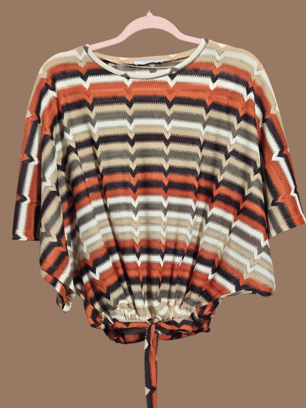 Zara Striped Chevron Drawstring Top - Rust, Cream & Black
